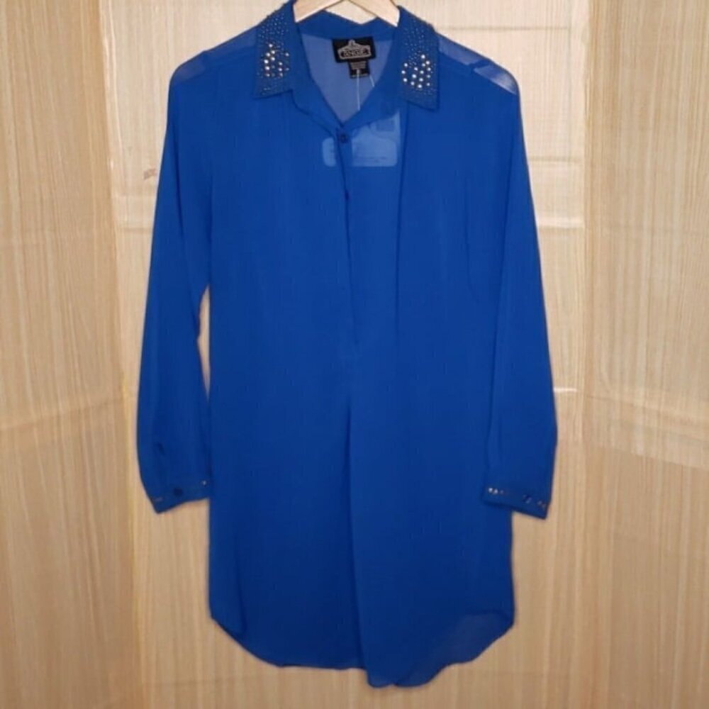 Angie Womens New Blue Sheer Tunic Blouse Small